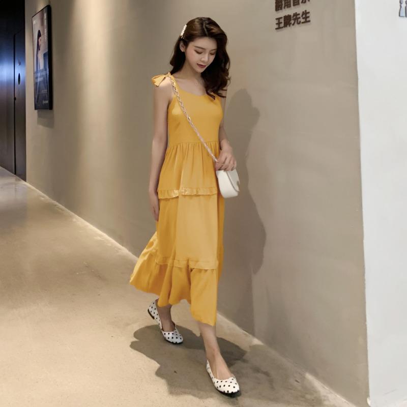 Sommer Neu Einfarbig Krawatte Schleife Sexy Träger Kleid Damen Retro Hohe Taille A-Linie Lässig Locker Lange Kleider Damen Mode Slim Fit Rüschen Elegantes Kleid 26371