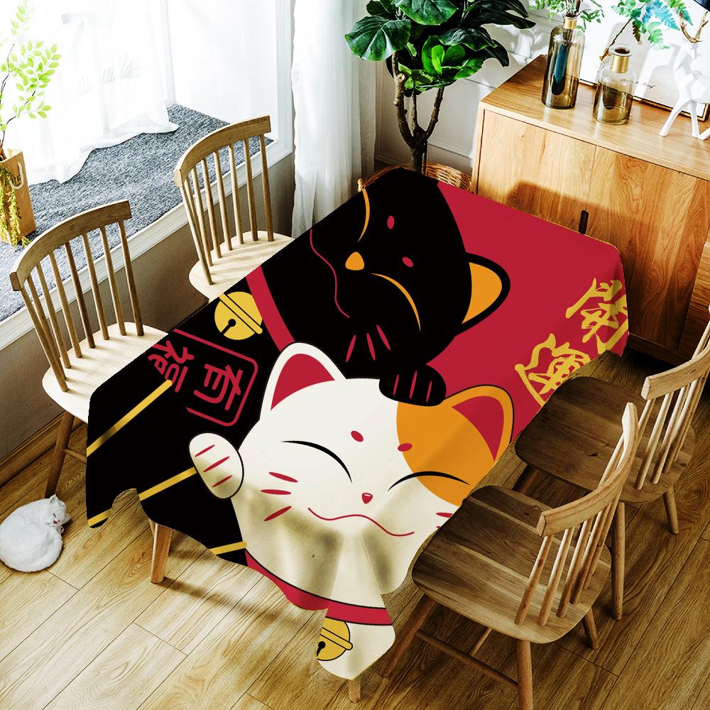 Cartoon Lucky Cat And Fish Printing Tablecloth Japanese Style Polyester Waterproof Table Cloth For Wedding Party Table Cover