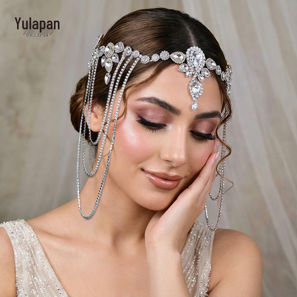 Yula Pan Multilayer Tassel Forehead Hair Chain, Bridal Wedding Hairband.