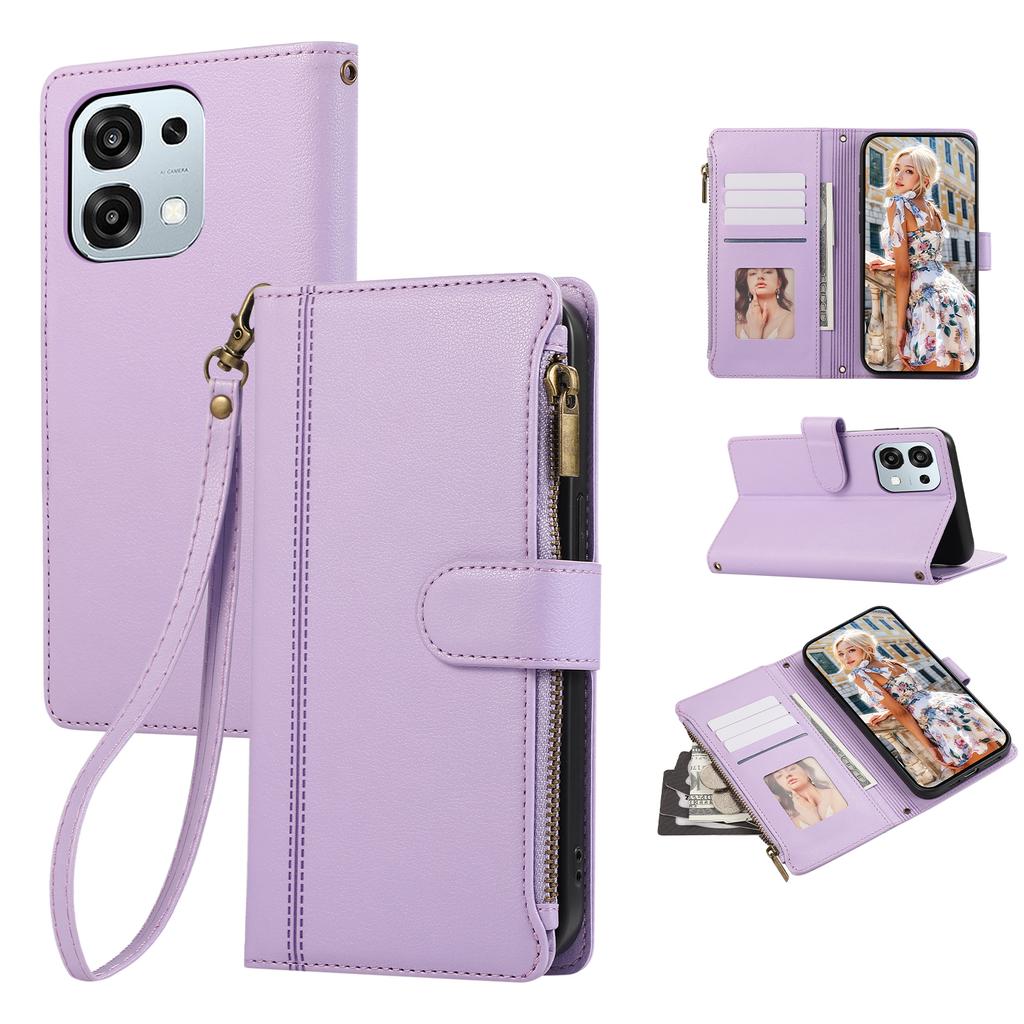 Etui do Oppo A6 Pro 5G z wieloma przegródkami na karty, zapinane na zamek, skórzane etui na telefon z paskiem na nadgarstek
