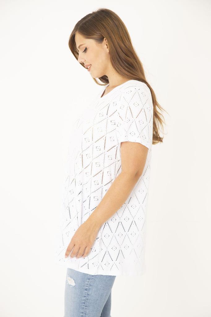 Women's Big Size Blouse Plus Size White Perforated Fabric V-Neck Short Sleeve Blouse