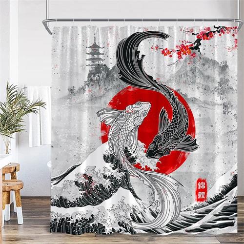 Asian Shower Curtain Traditional Chinese Pine Trees and Crane Flying Landscape Art Fabric Bathroom Decor Bath Curtains Set Hooks