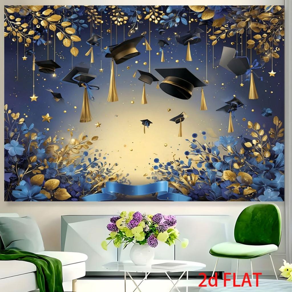 2D Flat 2D Flat - 2D Flat 2D Flat - 1pc 2D Flat Elegant Graduation Backdrop Black Graduation Gold Blue Gold Floral Decor Stars