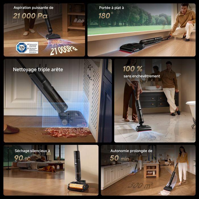 DREAME H15S Aspirateur Laveur, Nettoyage Triple Arête, Bras Robotisé AI, Aspiration 21 000 Pa, Sans Nœud, Portée À Plat À 180°