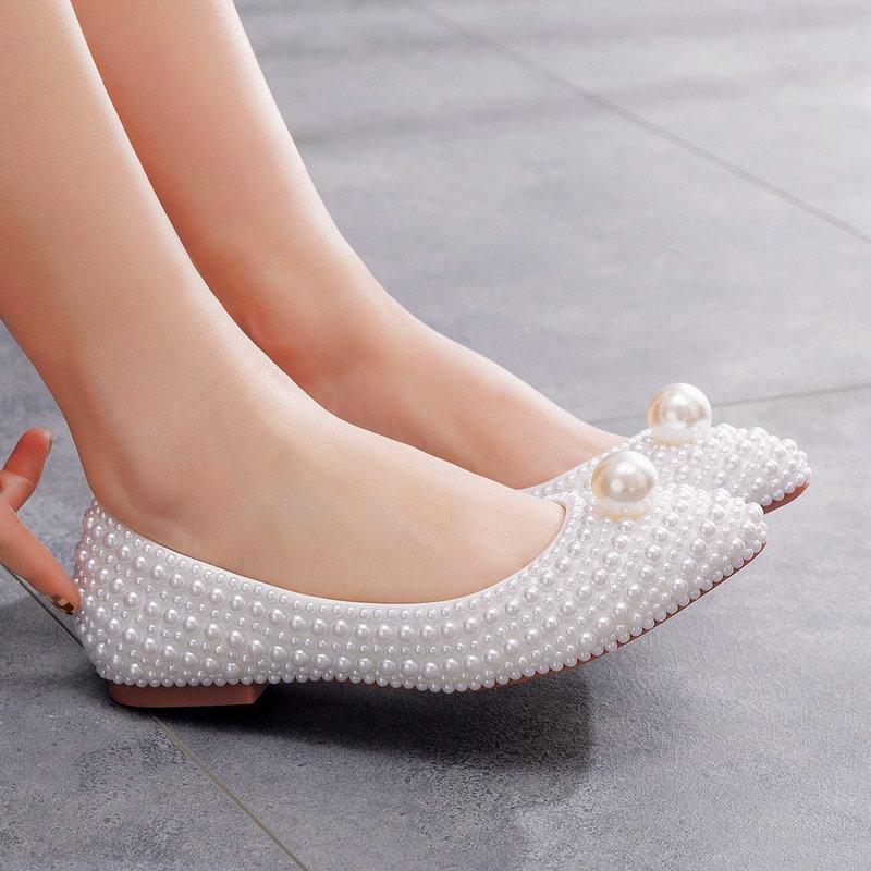 Pointed Pearl High Heels Single Shoes Flat Leather Soles With Sweet Party Sandals Wedding Shoes