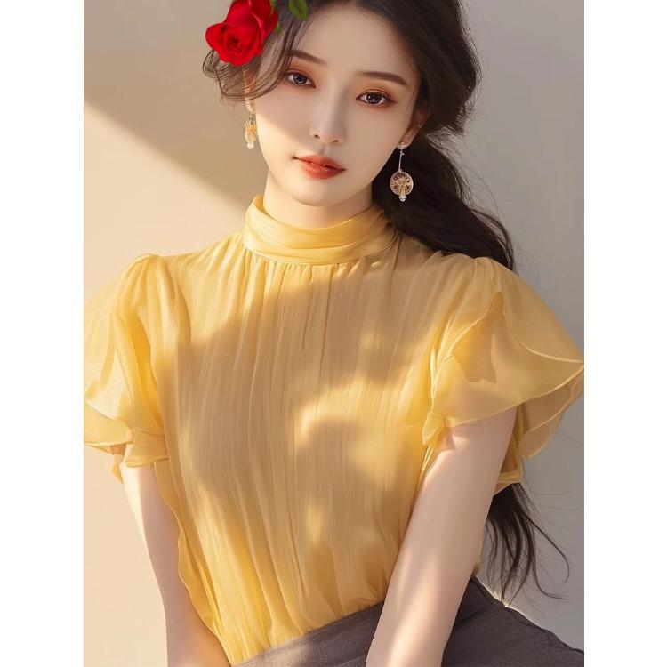 French Style Yellow Chiffon Shirt Women Summer Short Sleeve Blouse with Ruffles