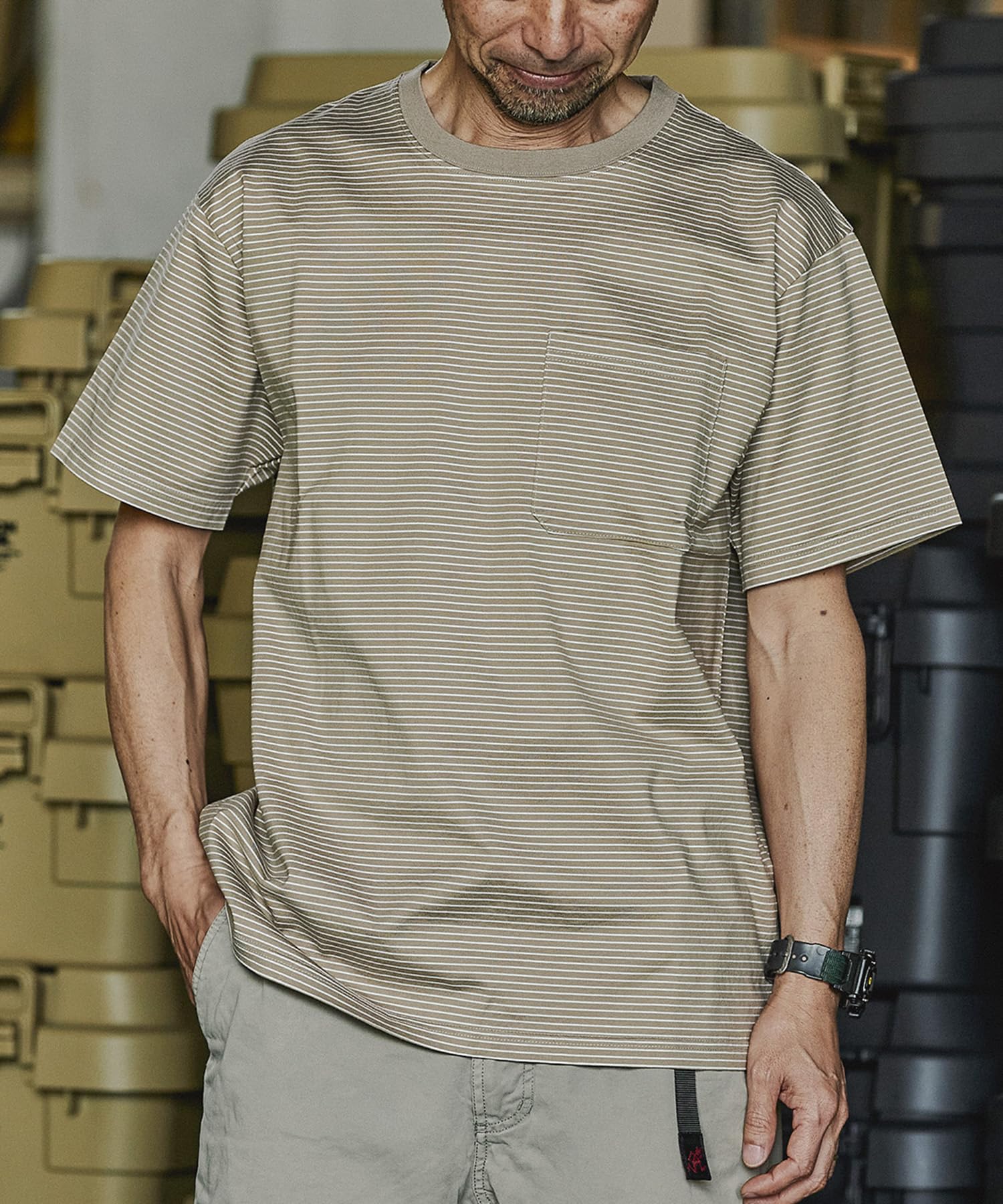 

GORDON MILLER Men s Short Sleeve Striped Pocket T-Shirt, Size M, Beige, 1750818