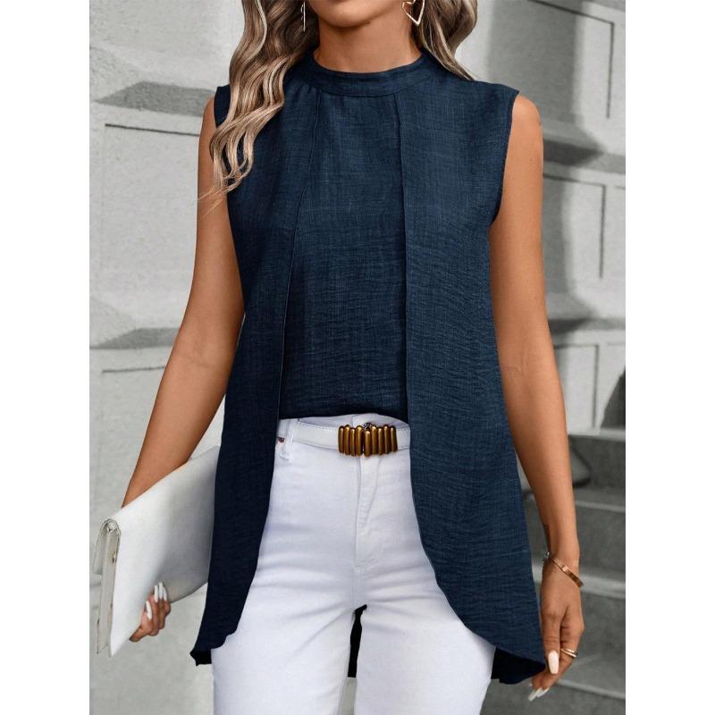 Sleeveless Women Loose Irregular Shirts Elegant Fashion Summer Blouse Solid Color Sweet Simple Office Long Tops Streetwear Casual Simple Clothing