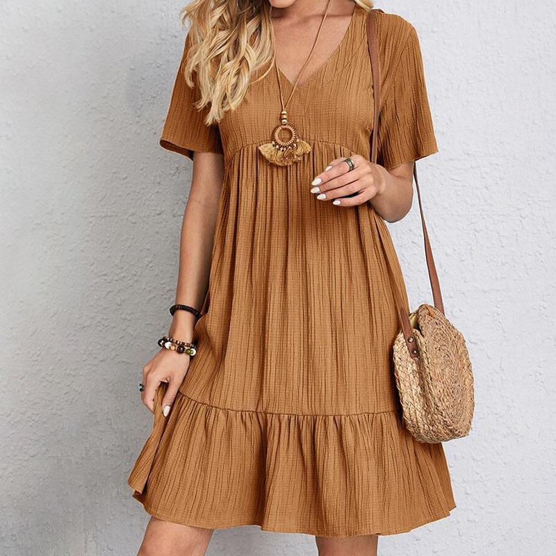 Locker sitzendes Sommerkleid für Damen im europäischen und amerikanischen Stil, lässiger Damenrock, kurzärmeliges Kleid mit Taillenbindung