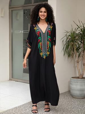 Black Women's Loose Kaftan Gold Embroidered Robe Swimsuit Cover-up Bohemian Homewear Moo Moo Dress Beach Dress