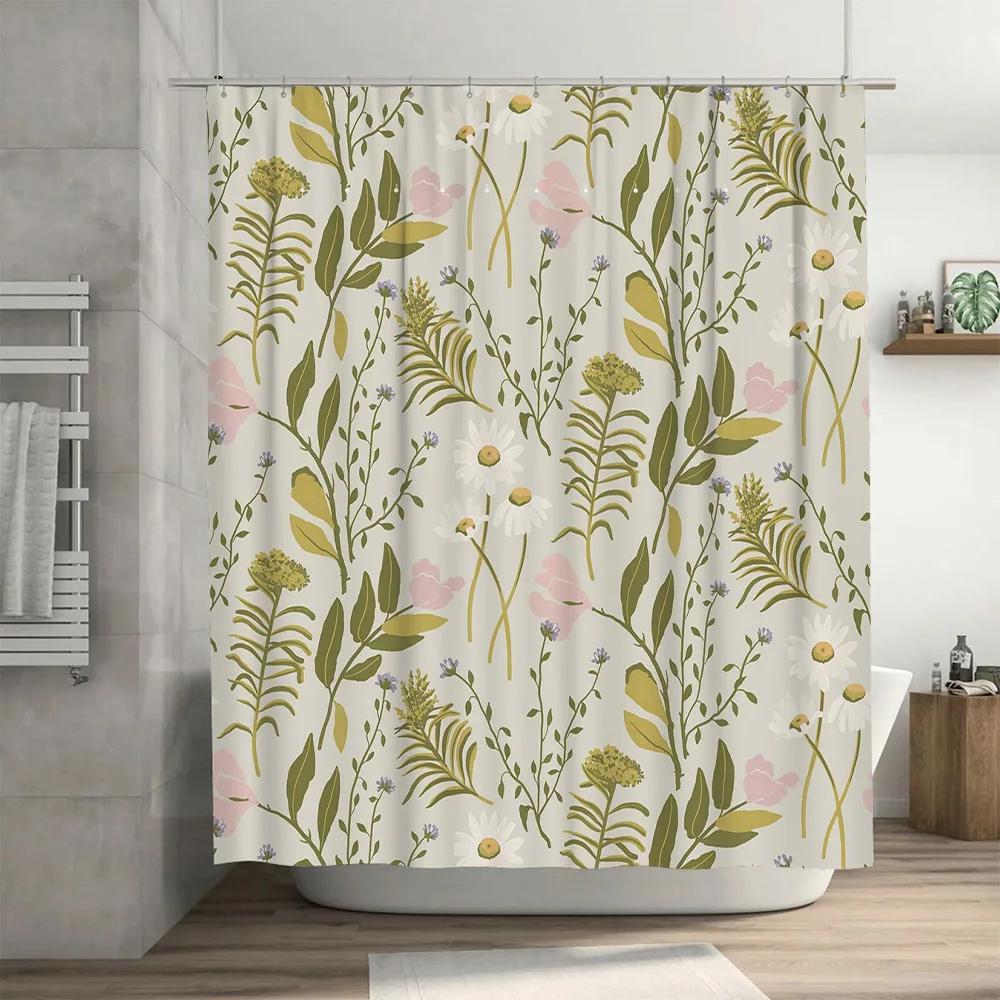 Floral Bath Shower Curtain Rustic Green Pink Print with Fresh Flowers for Bathroom Decoration Size72x84 inches (180cm x 213cm)