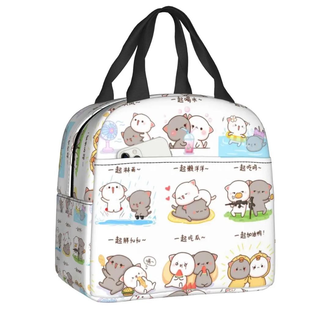 Peach and Goma Insulated Lunch Bags for Work School Picnic Cartoon Mochi Cat Leakproof Cooler Thermal Lunch Box for Women Kids