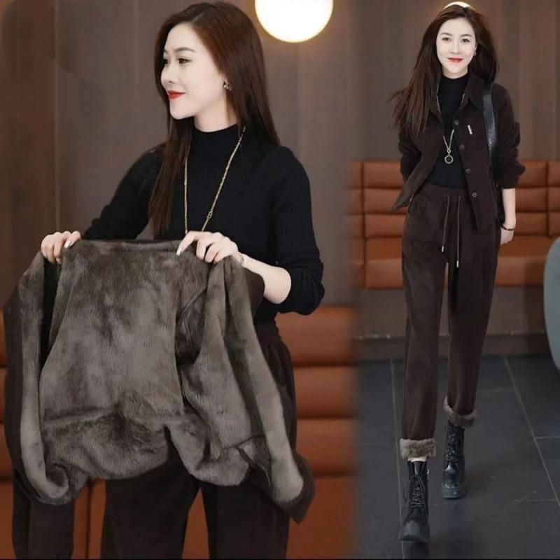 Women's Fall and Winter Padded Thickened Suit Leisure Temperament Warm Jacket + Pants Two-piece Set