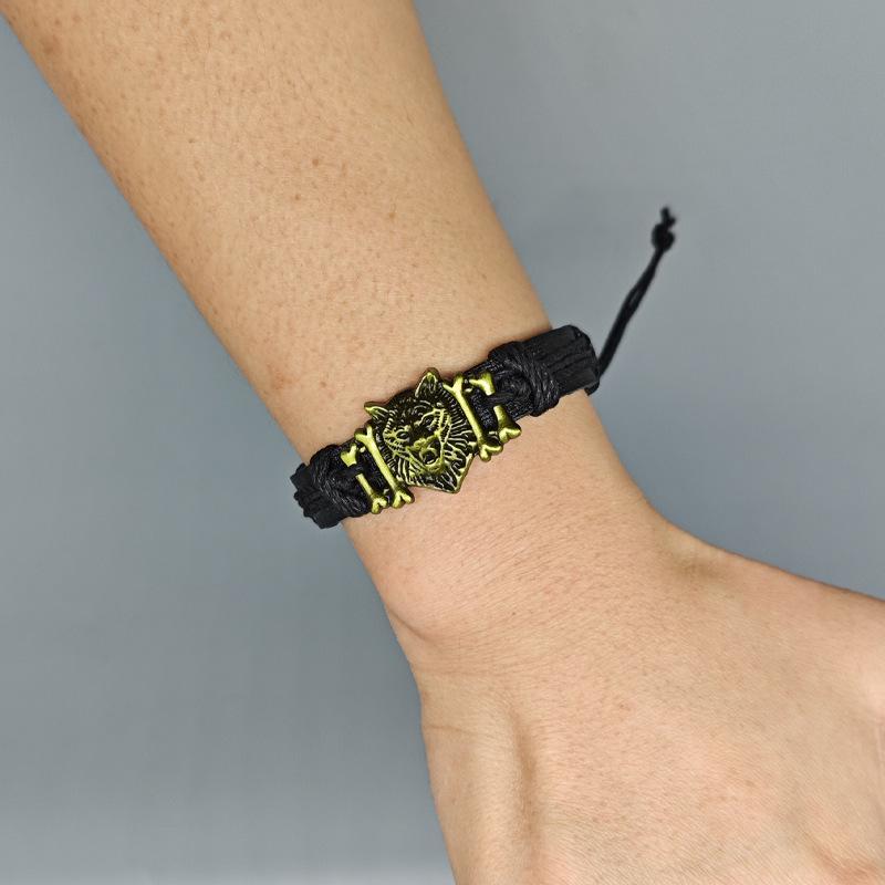 Men's Punk Leather Bracelet with Tibetan Wolf Head - Multi-Layer Woven Cord, Perfect Gift for Boyfriend