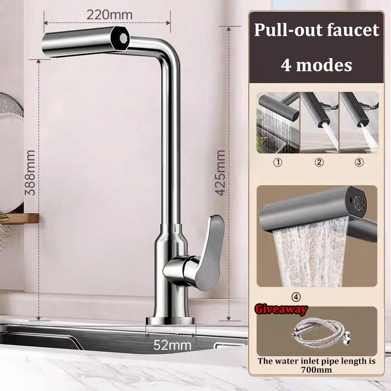 

Stainless Steel Kitchen Faucet pull-out Household Sink Splash-proof Hot and Cold Faucet Universal Rotatable Multifunctional серебряный