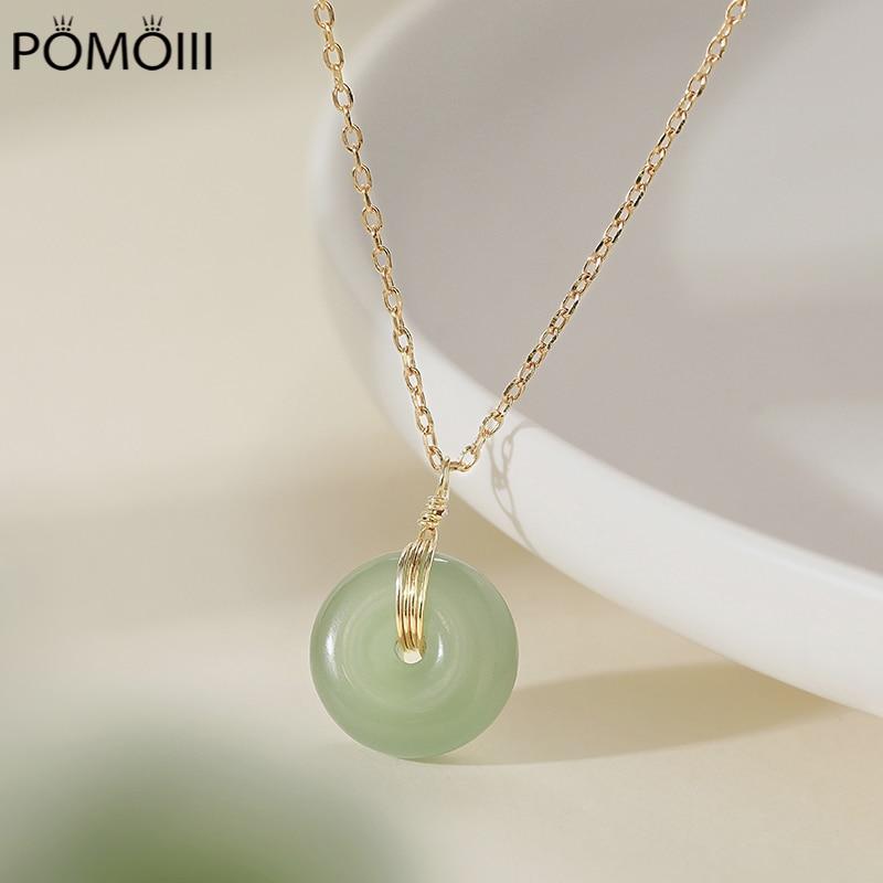 925 Sterling Silver Round Green Stone Pendant Necklace Women Gold Necklace Necklace Fashion Jewelry