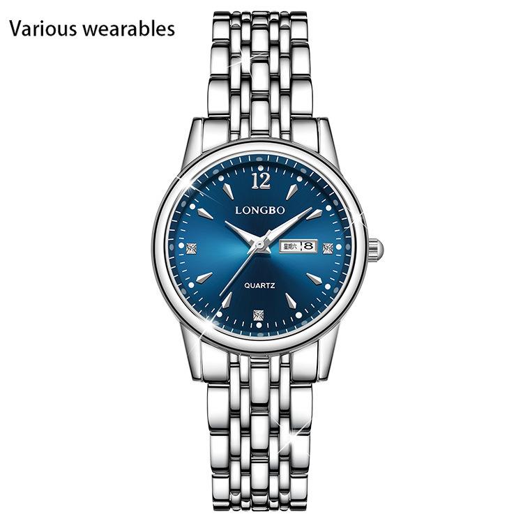 Damklocka med stålarmband, casual quartz-klocka med dubbel kalender