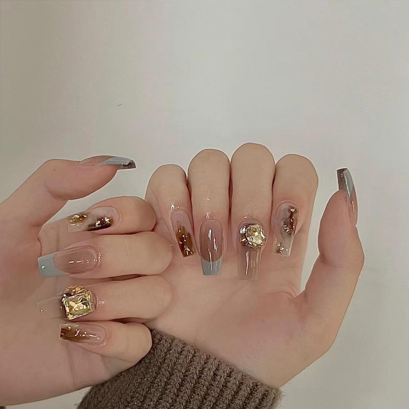 

Medium-Long Brown Gradient Glitter Halo Press-On Nails – Trendy Nail Art Tips Gold Sealing Glue