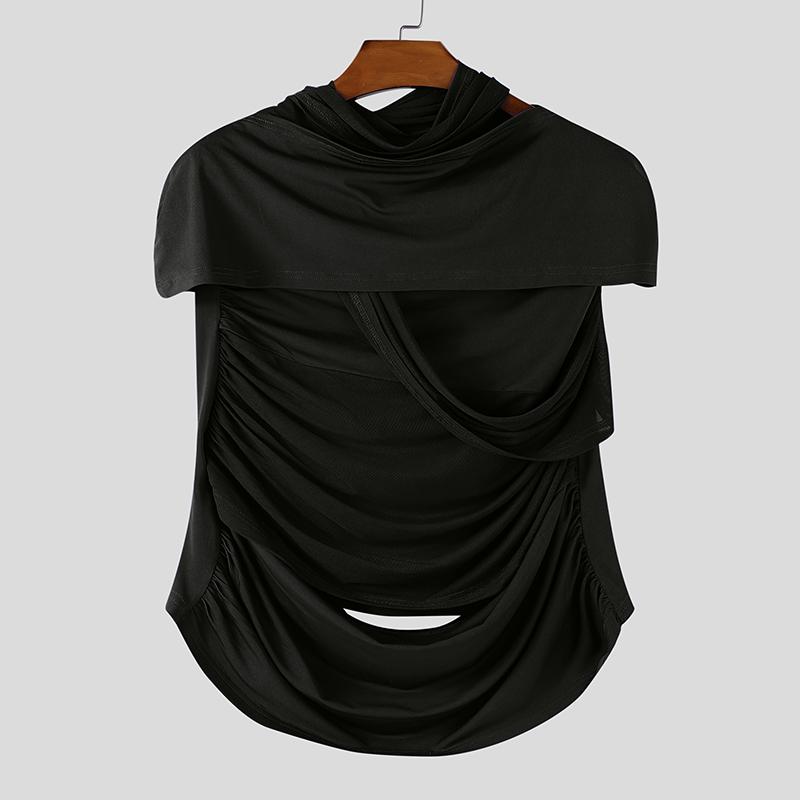 INCERUN Men Cutout Short Sleeve Irregular Patchwork Mesh Fitted T-shirts Tops