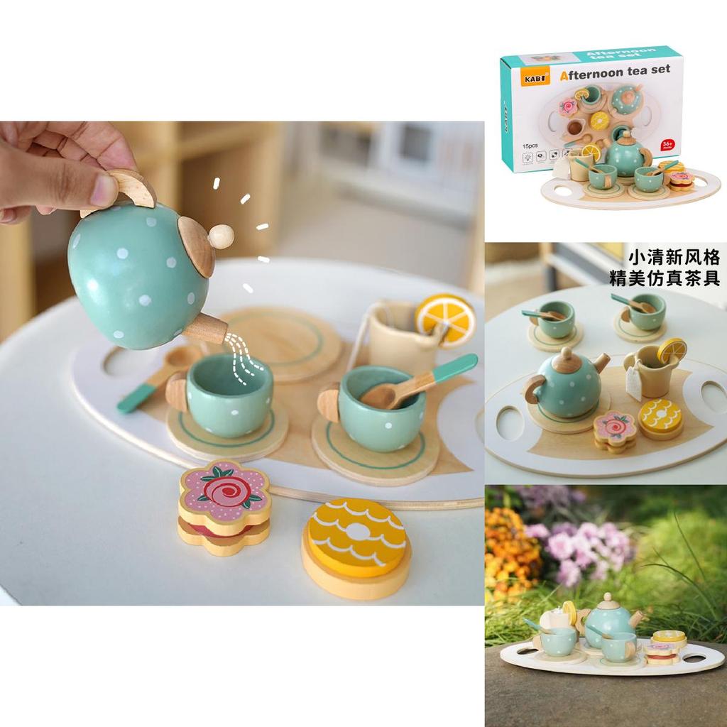 Kid Wooden Tea Set With Pretend Sweets Teapots For Early Education And Role Playing