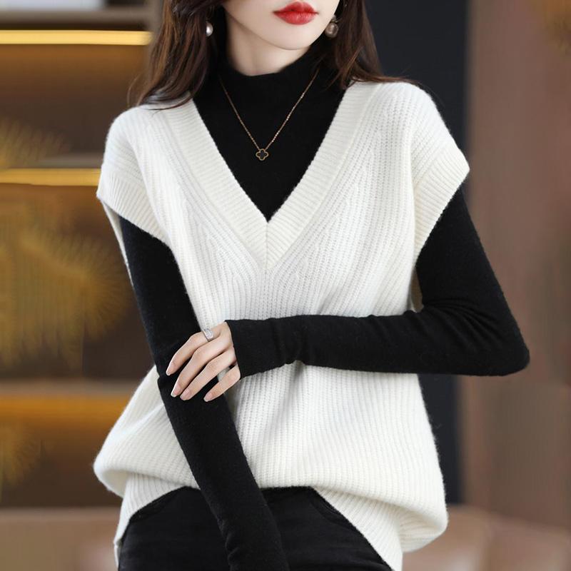 Dzianinowa kamizelka damska z dekoltem w szpic, jednokolorowa, luźna bluza, wygodne, ciepłe, wszechstronne, dzianinowe bluzki bez rękawów