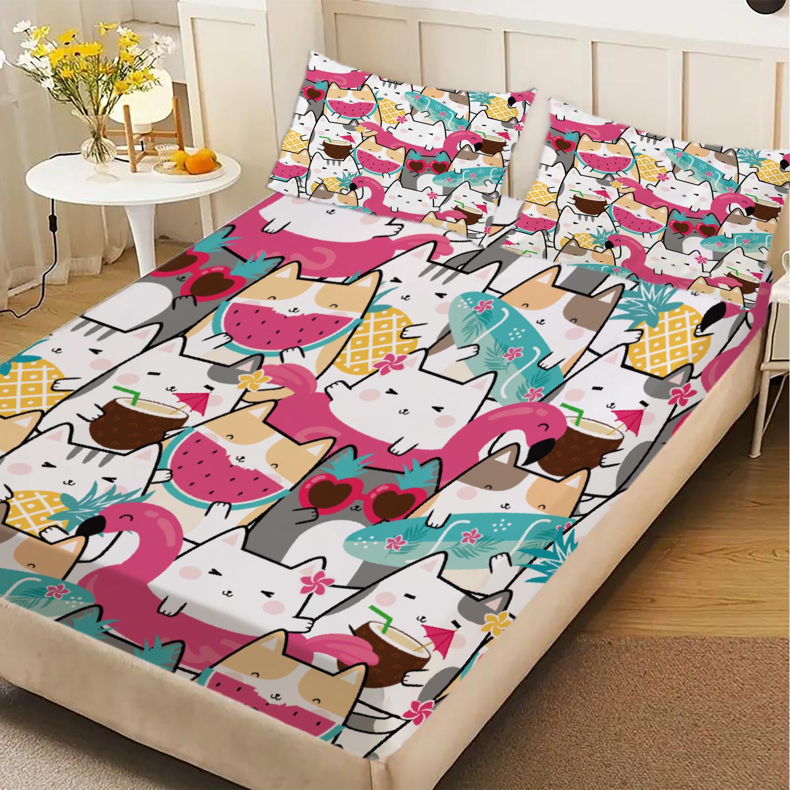 

3pcs Fitted Sheet Set Colorful Cats Pattern Print Design Easy Care Bed Sheet With Pillowcases For Bedroom Decor 99x190x25cm