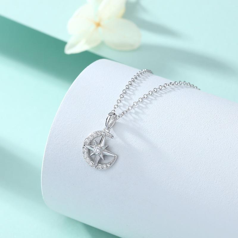 Zircon Diamond Star Moon Pendant 925 Sterling Silver Necklace Ladies Versatile Star Moon Silver Necklace