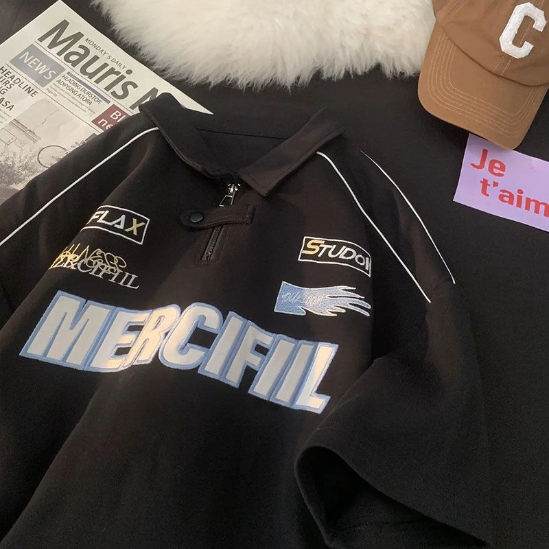 

Heavy Weight Pure Cotton Half Zipper T-Shirt Short Sleeve Men s and Women s Fashion Trendy Motorcycle Plus Size Couple Embroidered Lapel Polo Shirt Black 2XL