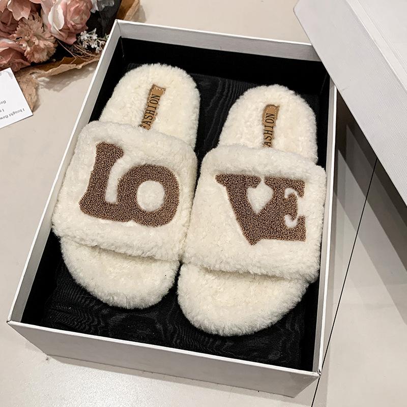 Fashionable letters wear thick-soled fluffy slippers 2025 new suede one-word drag autumn and winter warm cotton drag women's shoes