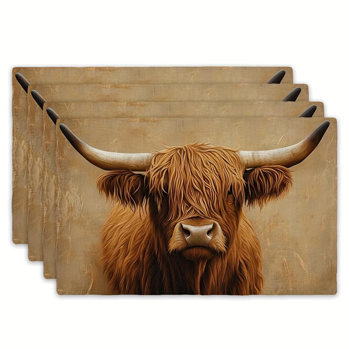 

Highland Cow Place Mats Set Of 4 Farmhouse Animal Print Linen Table Mats For Rustic Kitchen 4Pcs-30X45cm(12X18in
