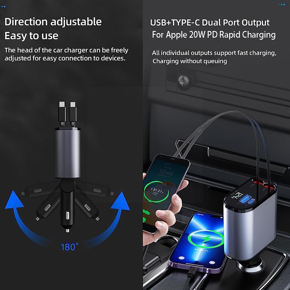 100W Superschnellladung Auto Zigarettenanzünder 4 IN 1 Einziehbarer Typ Kabel C Kabel Schnell Zigarettenanzünder Ladeadapter