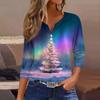 Women's Fashion Casual Christmas Print V-Neck Short Sleeve Decorative Button Three-quarter Sleeve T-shirt Top
