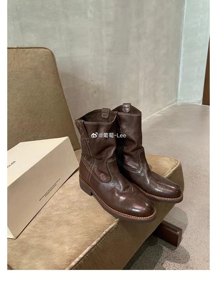 

Grape Mom Studiolee Yorkshire Afternoon~ Horse Leather Tip Round Head V-mouth Locomotive Coarse Heel Western Cowboy Boots 40