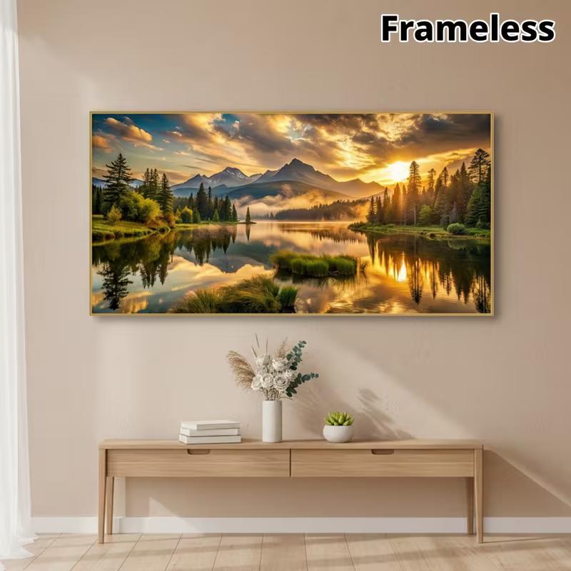 2D Reflective Forest Lake Tapestry Mountain Sunset Photography Background