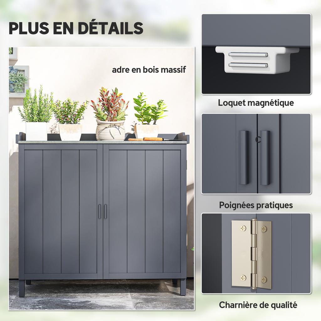 Freestanding Garden Storage Cabinet, 2-in-1 Double-Door Potting Table, Galvanized Top, Grey