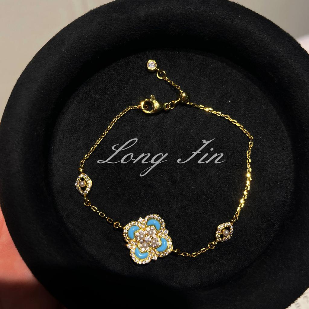 Light Luxury Retro Court Style Turquoise Imitation Pearl Four-Leaf Clover Necklace Bracelet Ring Light Luxury High-End Set