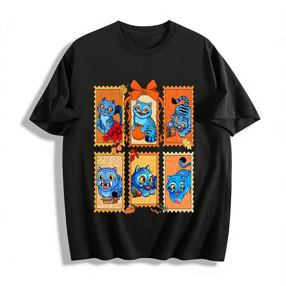 

Autumn Fun Blue Cat Stamp Print Top Cute Funny Cat Pattern Casual Loose Daily T-Shirt Pure cotton T-shirt XXS