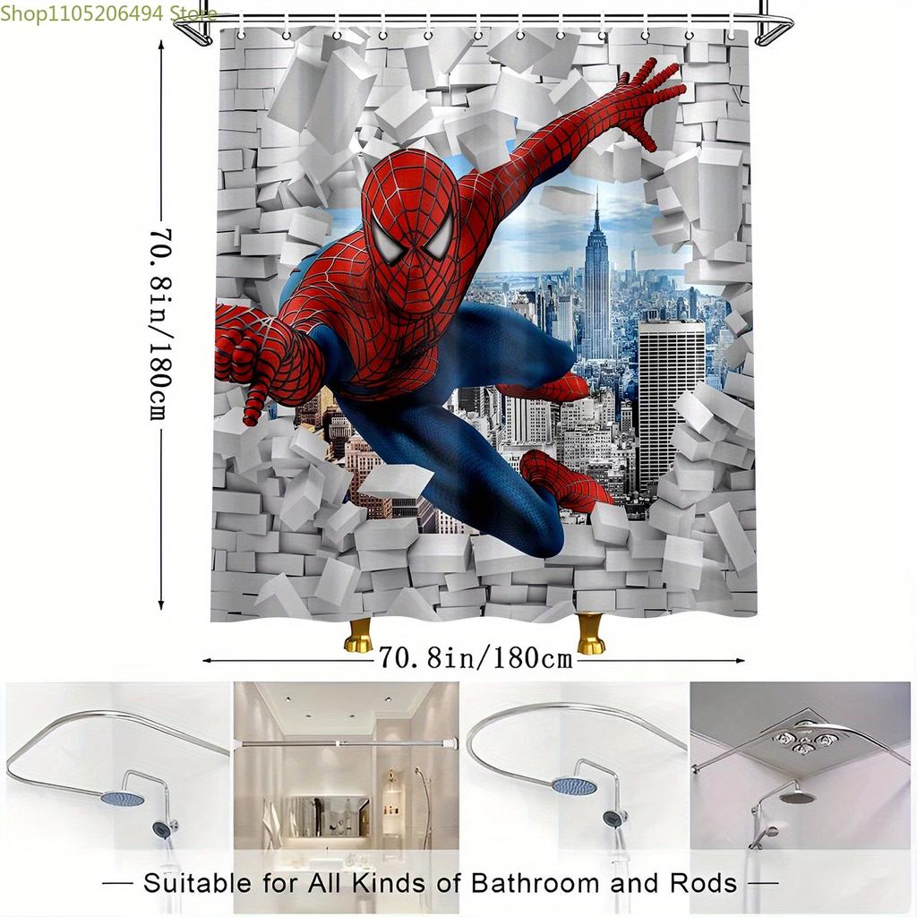 1pc Marvel shower curtain Spider-Man Shower Curtain, Printed Pattern Bathroom Set, Bathroom Decorative Shower Curtain with Hoo