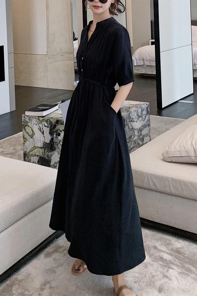 Chubikime Summer Long Short Loose Casual Women's Dress, Sleeve, V-Neck, Midi, A-Line, Black, Slimming, Fit, Formal, Commuting,