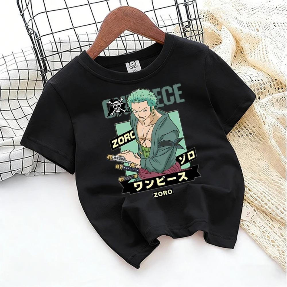 One Piece Anime Children's T-shirt Zoro Luffy Cartoon Print Pure Cotton T-shirt Street Casual Short-sleeved Kids Clothing Top
