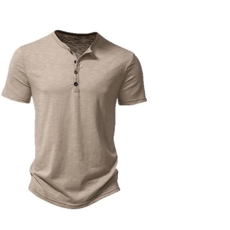 Men's Khaki Heather Short Sleeve Henley Shirt Casual Button Placket Crew Neck Top