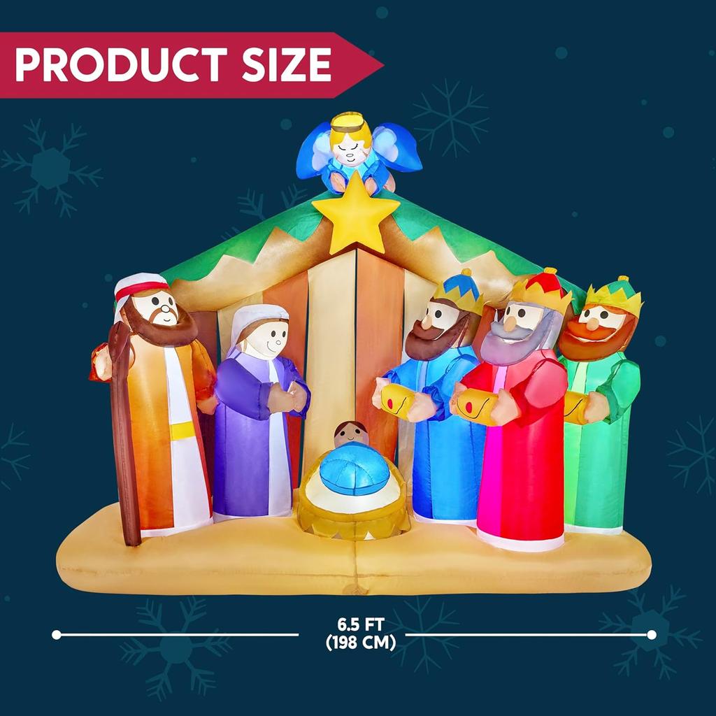 JOYFY 6.5 ft Christmas Inflatable Nativity Scene with Angels with Build-in LEDs for Christmas Party Indoor Outdoor Décor