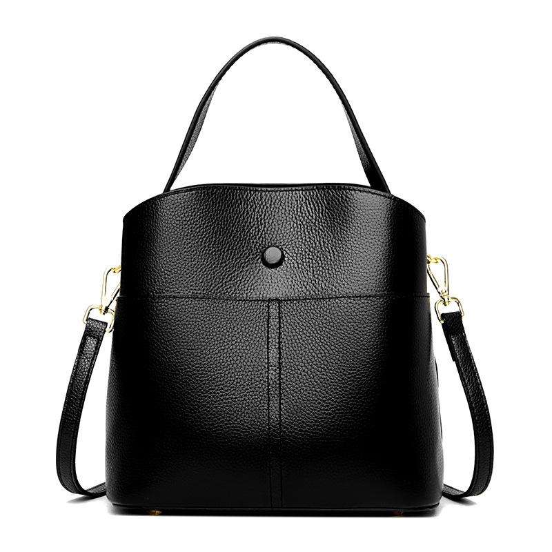 Leather bucket bag new fashion casual shoulder messenger bag first layer cowhide bucket bag чёрный