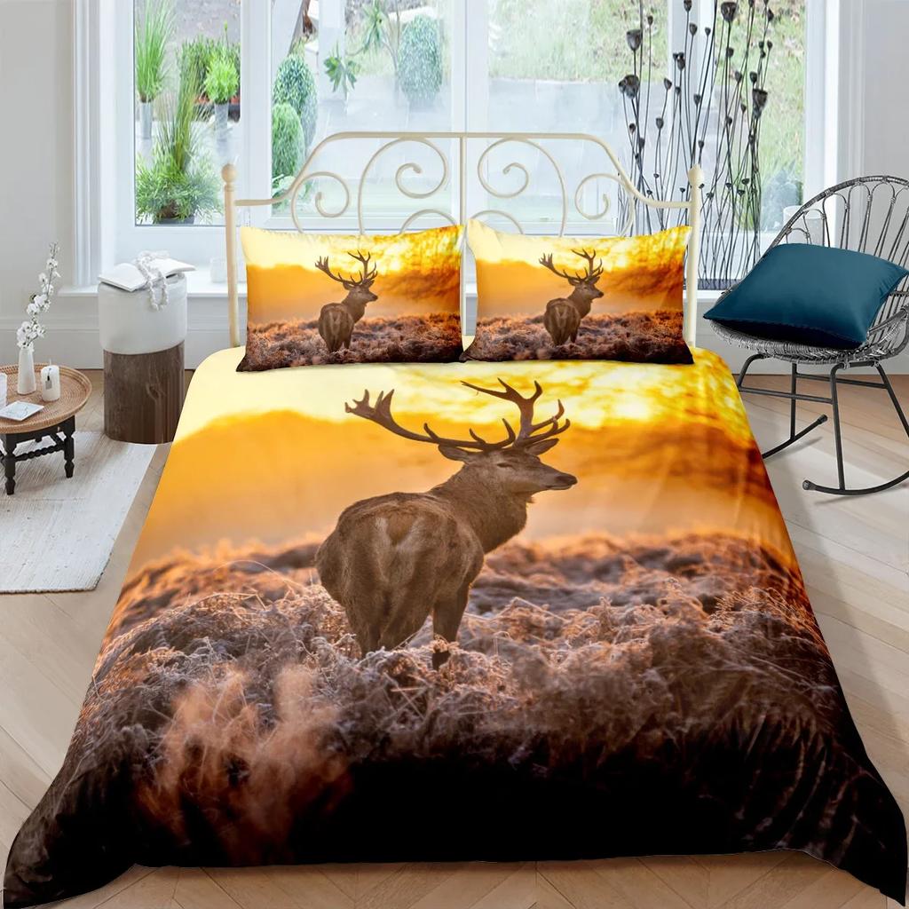 Poszwa na kołdrę Rozmiar King/Queen, dzika przyroda Jelenie Wzór ognia Nadruk Zestaw pościeli Dla nastolatków Dorosłych Mężczyzn, Brązowa Poszwa na kołdrę ze zwierzęciem Łosiem