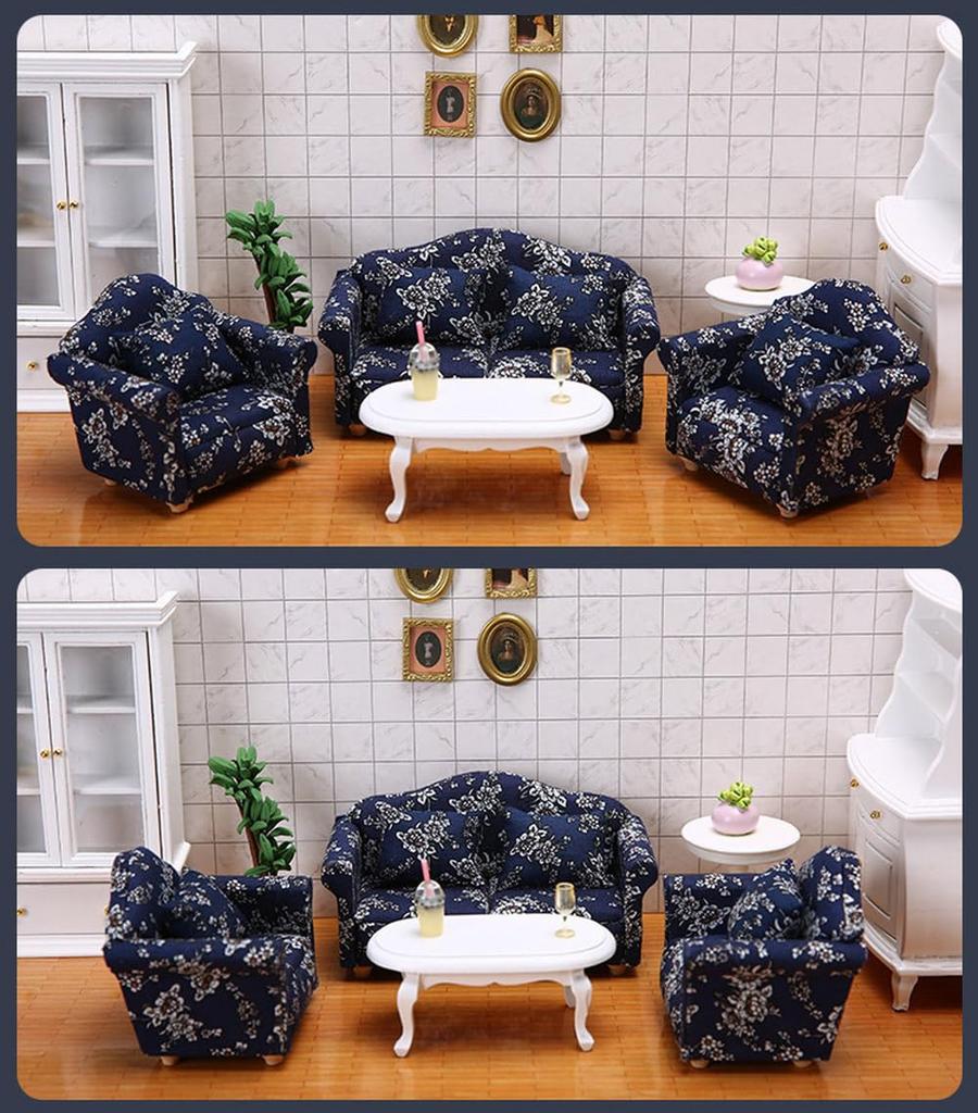Moin Moin Miniature Scale Furniture Sofa Set Dollhouse Single White Floral Blue Doll Accessories 2306mini16 1/12 3-Piece (B-grade,