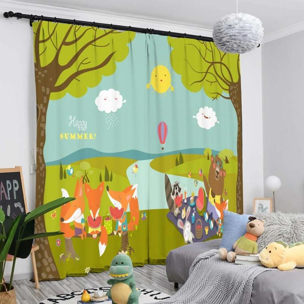 Cute Cartoon Green Forest Wildlife Thick Blackout Curtain Bedroom Living Room Window High Shading Drape 2 Pieces New Pattern