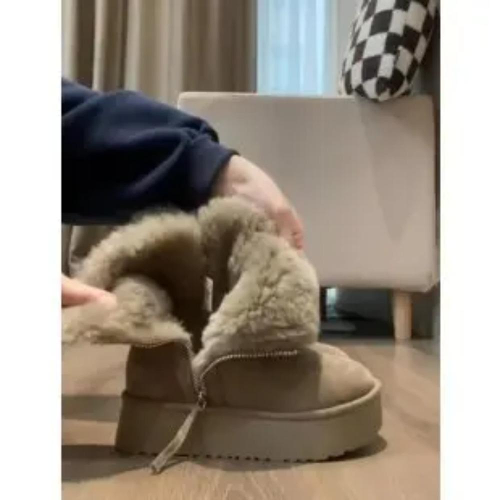 Velvet and Thick Cotton Boots  Warm Fur Integrated Short Tube Thick Bottom Snow Boots for Women with Side Zipper