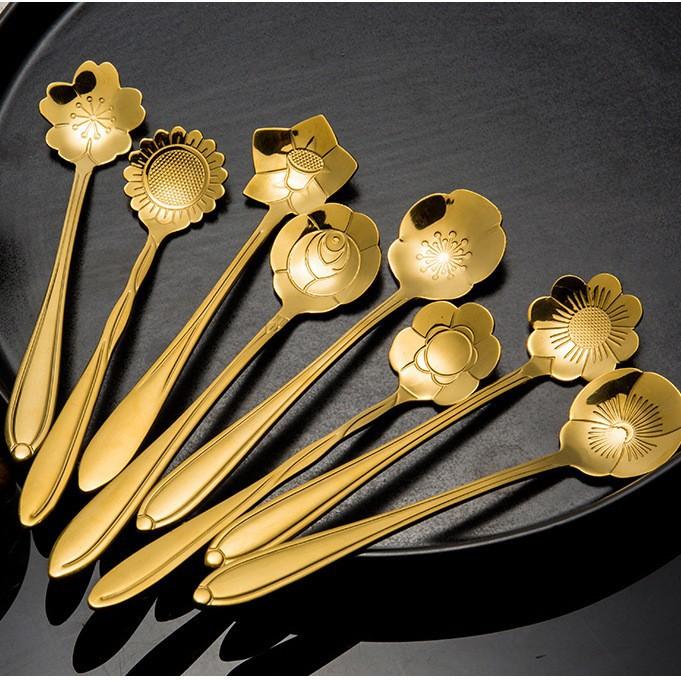 8/4PCS Stainless Steel Cherry Rose Flower Gold Scoop Coffee Spoon Gifts Kitchen Dessert Tea Accessories Tableware Decoration
