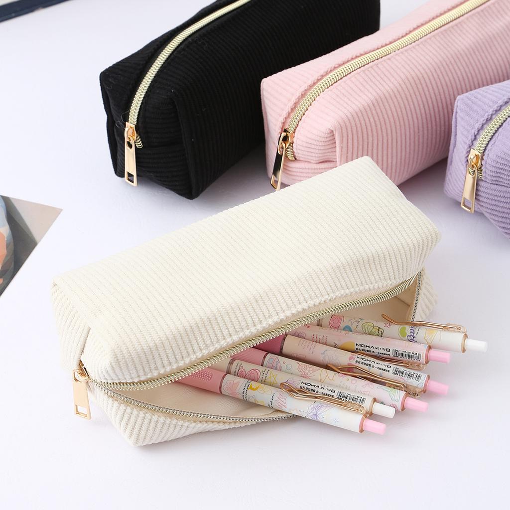 1 PC Solid Color Striped Corduroy Pencil Case Portable Large Capacity Desktop Stationery Storage Student Back-to-School Gift