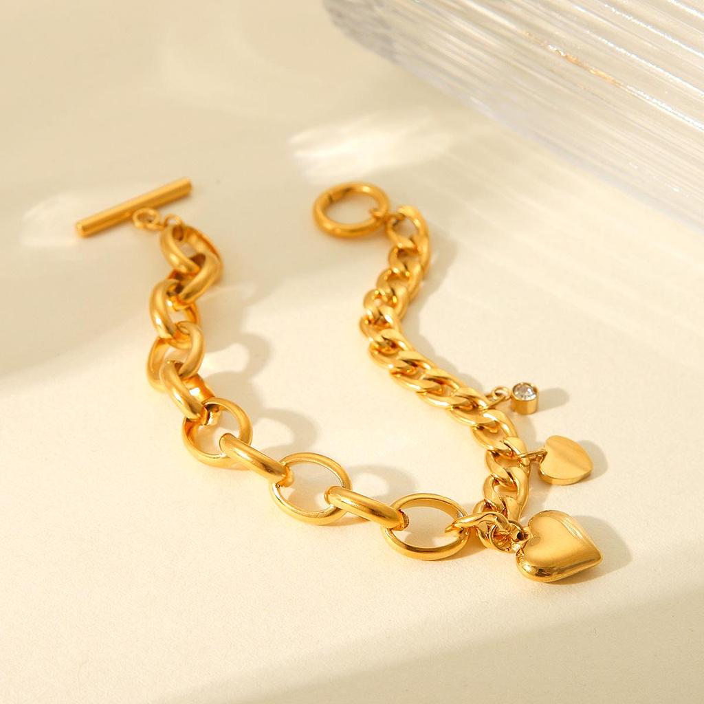 18K Gold Plated Zircon Heart Pendant Oval Cuban Chain Bracelet